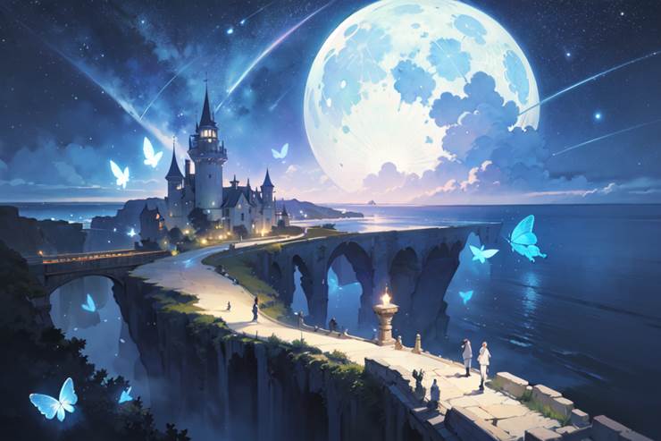 奇幻, 风景, background, fantasy, castle, moon, 蝴蝶, forest, sea