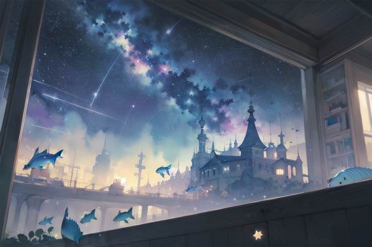 奇幻, 风景, background, fantasy, starry sky, night sky, 蓝, castle, 鱼