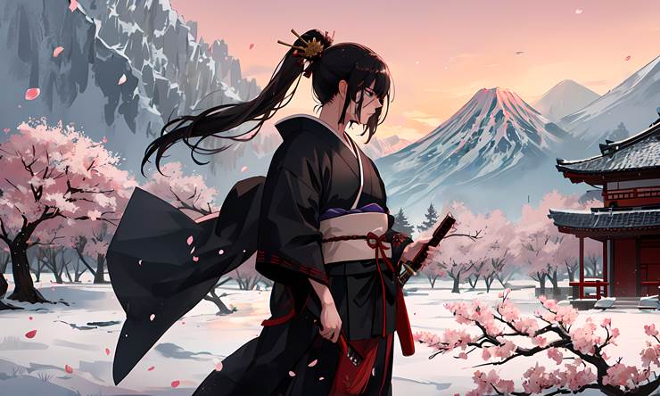 scenery, background, wallpaper, samurai, sakura, mountain, japan