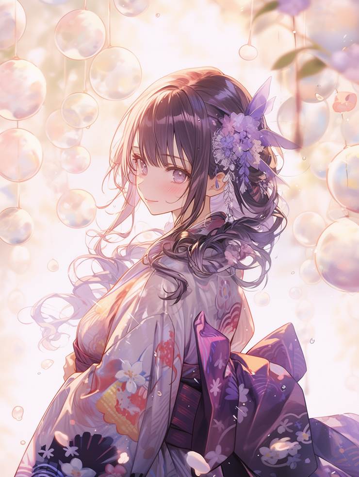 pixiv今日出题, purple, 女孩子, 原创, 和风, 太美了, 和服, purple hair