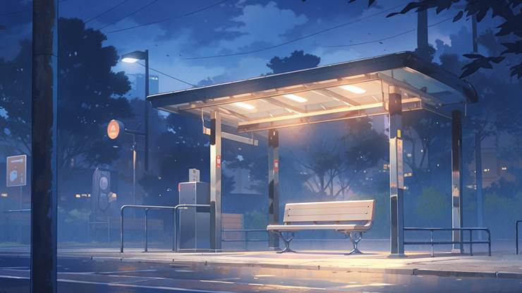 夜晚的巴士站|插画师mio的AI风景插画图片