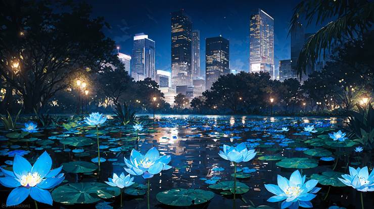 风景, scenery, background, night, flower, pond, park, city