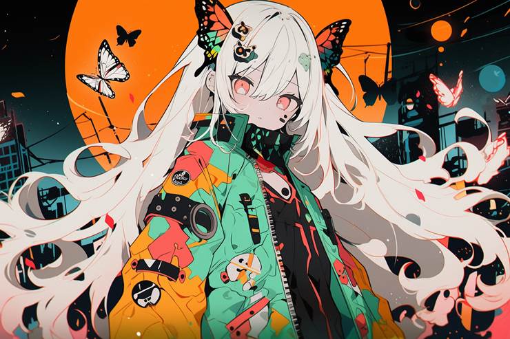 女孩子, 原创, young girl, 白发, moon, 蝴蝶