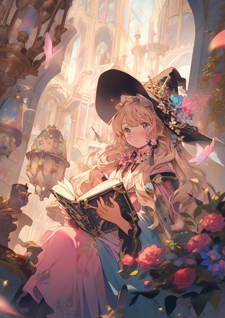 奇幻, AI 画作, 花和女孩子, 女孩子, young girl, witch