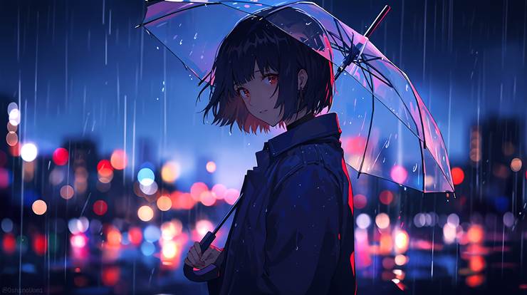 scenery, background, character, 女孩子, rain, 伞, night