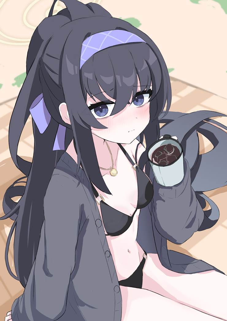 Blue Archive, Ui Kozeki, Kozeki Ui (swimsuit), black bikini, black hair ponytail, mug cup, Blue Archive 1000+ bookmarks