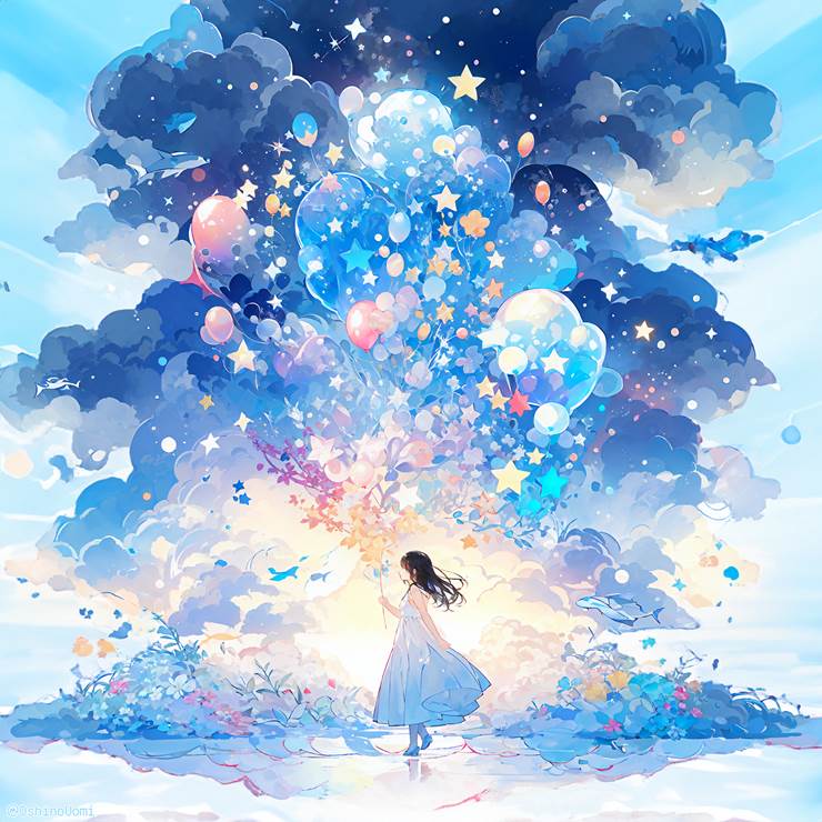 background, 奇幻, 女孩子, sky, 云, star, balloon