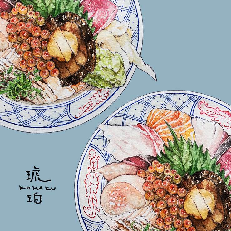 海鲜丼|插画师琥珀的美食插画图片
