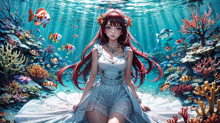 白色连衣裙, 水下, seafloor, 大腿玩一年