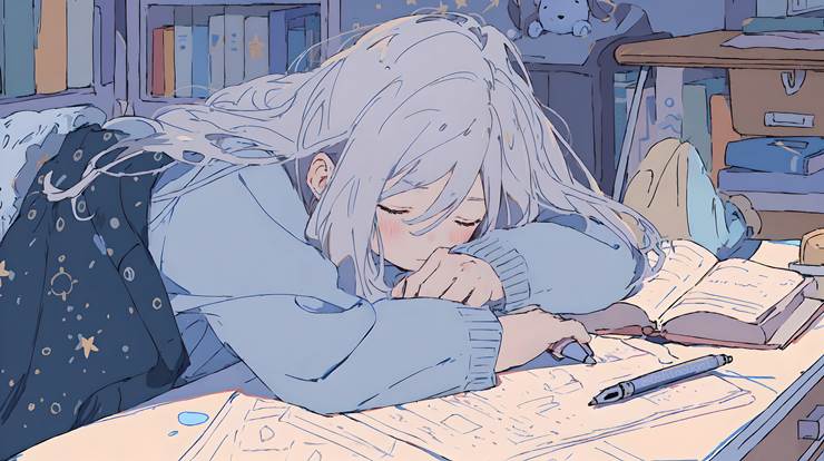 girl, asleep, indoor, silver hair, house, background