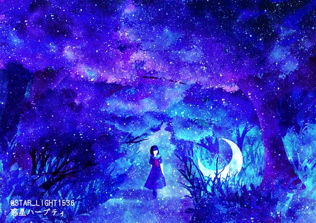 插画, 原创, 女孩子, moon, 风景, forest