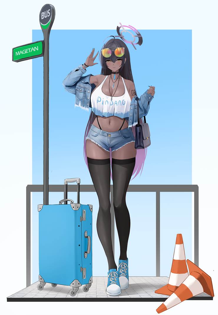 碧蓝档案, Kakudate Karin, large breasts, 黑皮少女, 魅惑的大腿, 牛仔裤, 魅惑的乳沟, 长筒袜