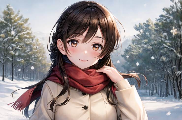 AI-Generated, AI illustration, Chizuru Mizuhara, Rent-A-Girlfriend, brown hair, winter, winter clothes