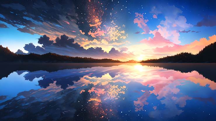 风景, background, sky, star, 云, lake, 黎明