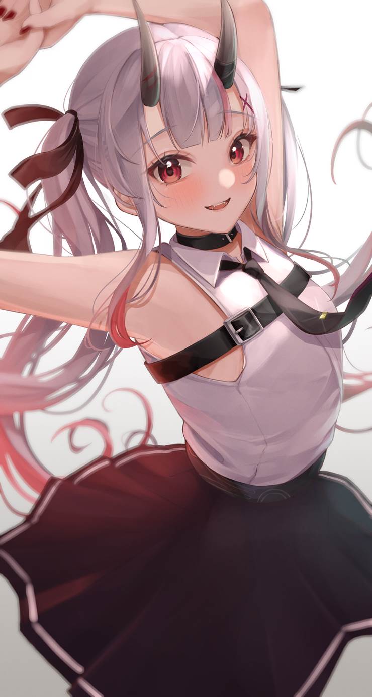 虚拟youtuber, Hololive, 百鬼绫目, 鬼族少女, gray twin ponytails, Showing off armpits