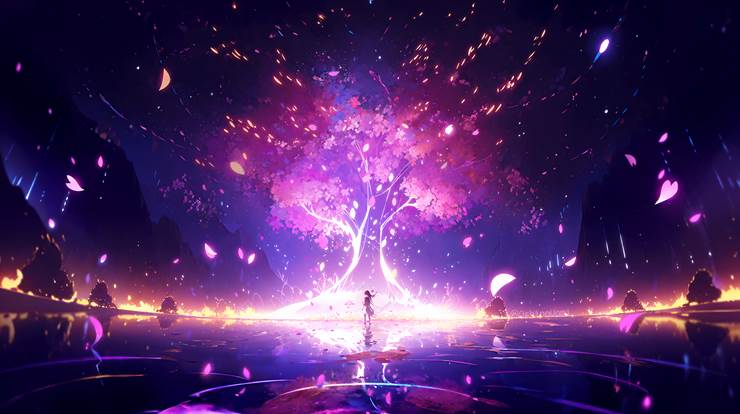 scenery, scenery, background, sakura, wood, night, fantasy