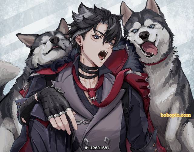 一张狗和男孩,原神,莱欧斯利,wriothesley,雪橇犬绘画图片