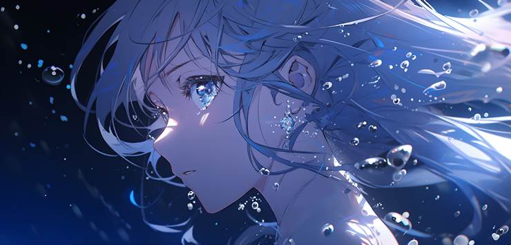 女孩子, 眼泪, blue eyes, long hair, character, character, night, water