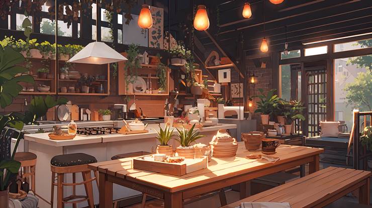 风景, scenery, background, indoor, kitchen, house