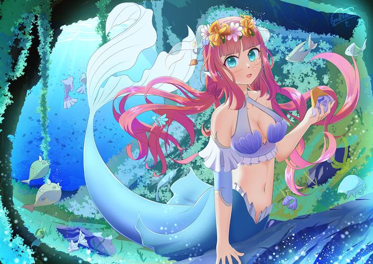 人鱼, 人鱼化, 水下, Nilou, Genshin Impact, cute mermaid, fin-eared, Swimming