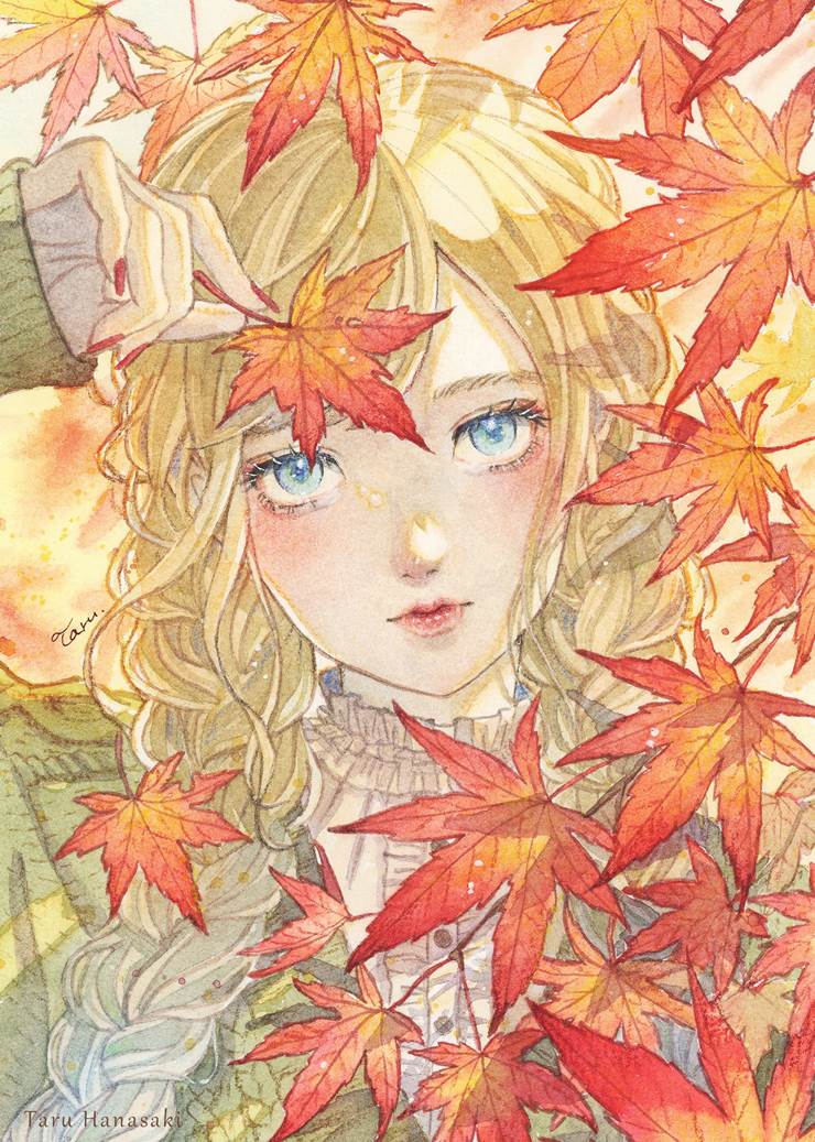 watercolor, 原创, 女孩子, 手绘, 原创, autumn leaves, autumn