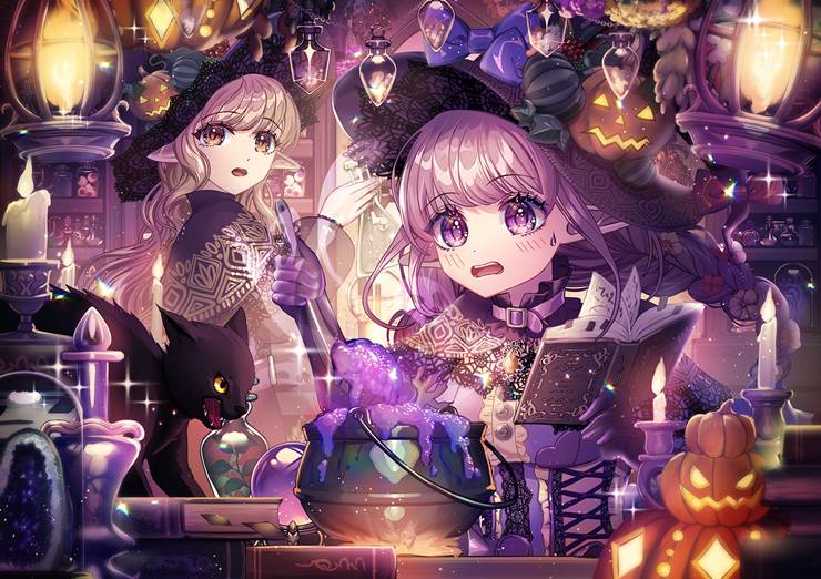 原创, 女孩子, 姐妹, 万圣节, 黑猫, witch, 精灵耳