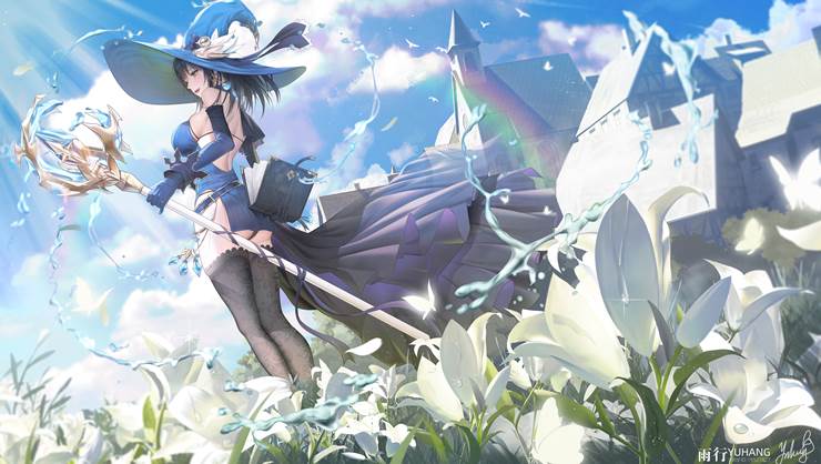 原创, illustration, alluring thighs, 尻神样, 魅惑的脸, 黑丝袜, witch, flower field