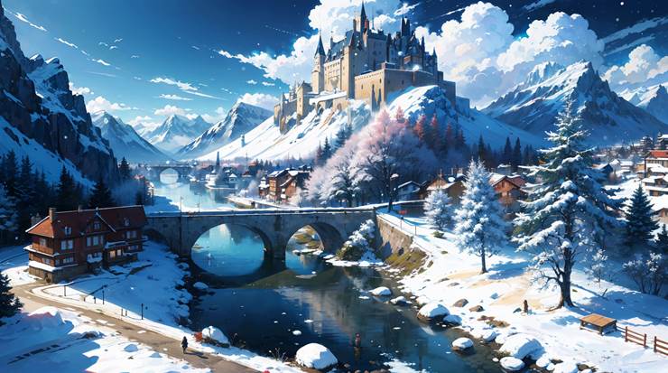 冬天的欧洲风-城堡-壁纸|插画师えるがるむ的冬天景色插画图片