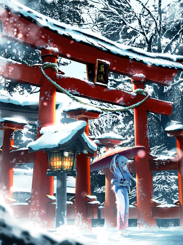 background, scenery, girl, fantasy, winter, Torii, snowy landscape