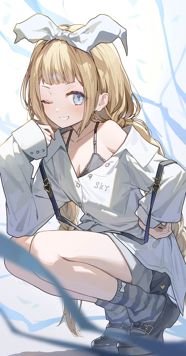 100 Day Challenge, Hangame, rabbit ears ribbon, suspenders, 辫子, 蹲, 1000users加入书籤