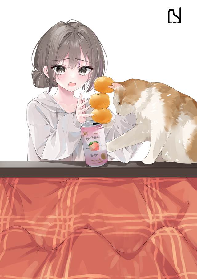 女孩子, cat, 连帽衫, 辫子, 被炉, mandarin orange, Alcohol, teary-eyed