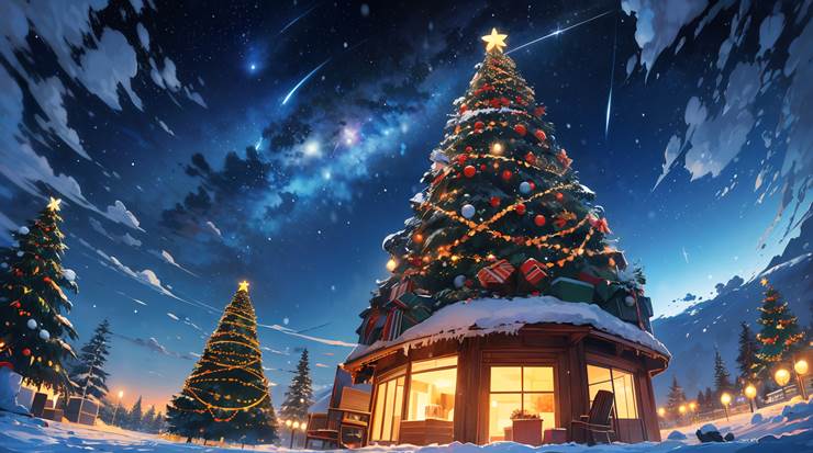 圣诞树屋和夜空，壁纸|插画师えるがるむ的圣诞节插画图片