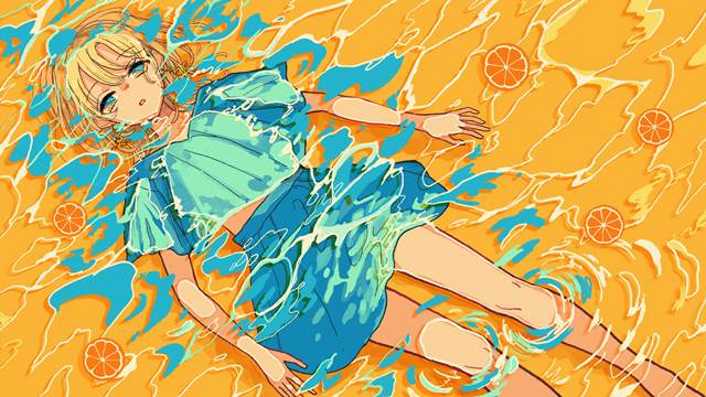 女孩子, I tried to sing, 音乐, requested illustration, orange, water surface, 仰卧