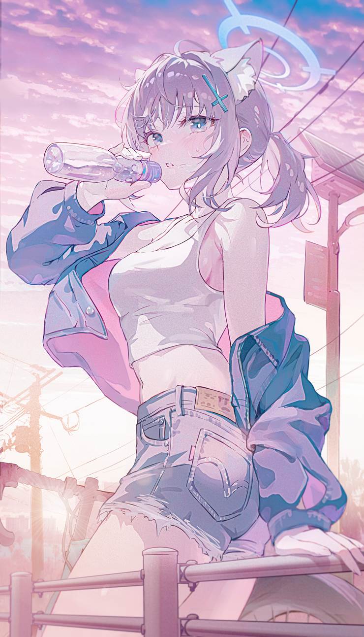 碧蓝档案, 泳装白子, animal ears, 热裤, tank top, 兽耳, 银发碧眼, 黄昏, Blue Archive 5000+ bookmarks