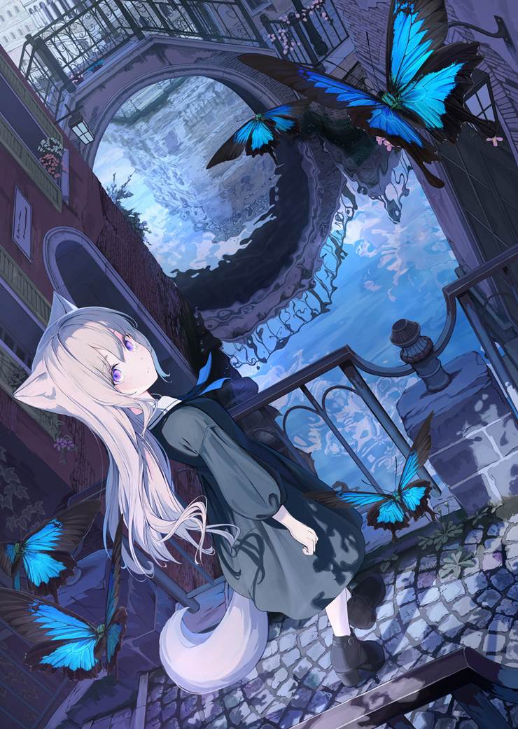 兽耳, 蝴蝶, canal, water surface, 女孩子, 原创1000users加入书籤