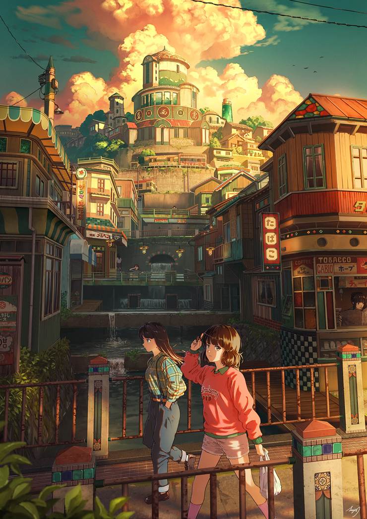 一张风景,小女孩,好想去这里,怀旧绘画图片