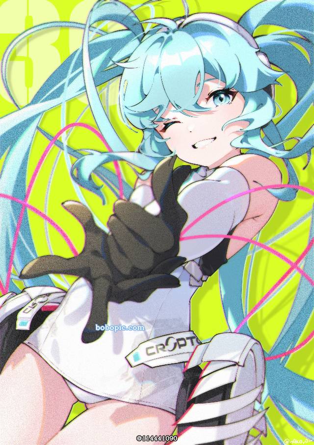 一张赛车女郎,赛车初音,赛车Miku,Vocaloid,双马尾,抛媚眼,小女孩,初音未来绘画图片