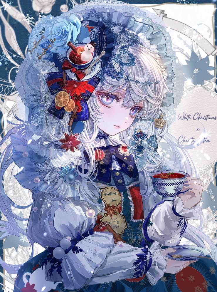 白色圣诞节×圣诞茶精灵|插画师こもりひっき的冬天插画图片