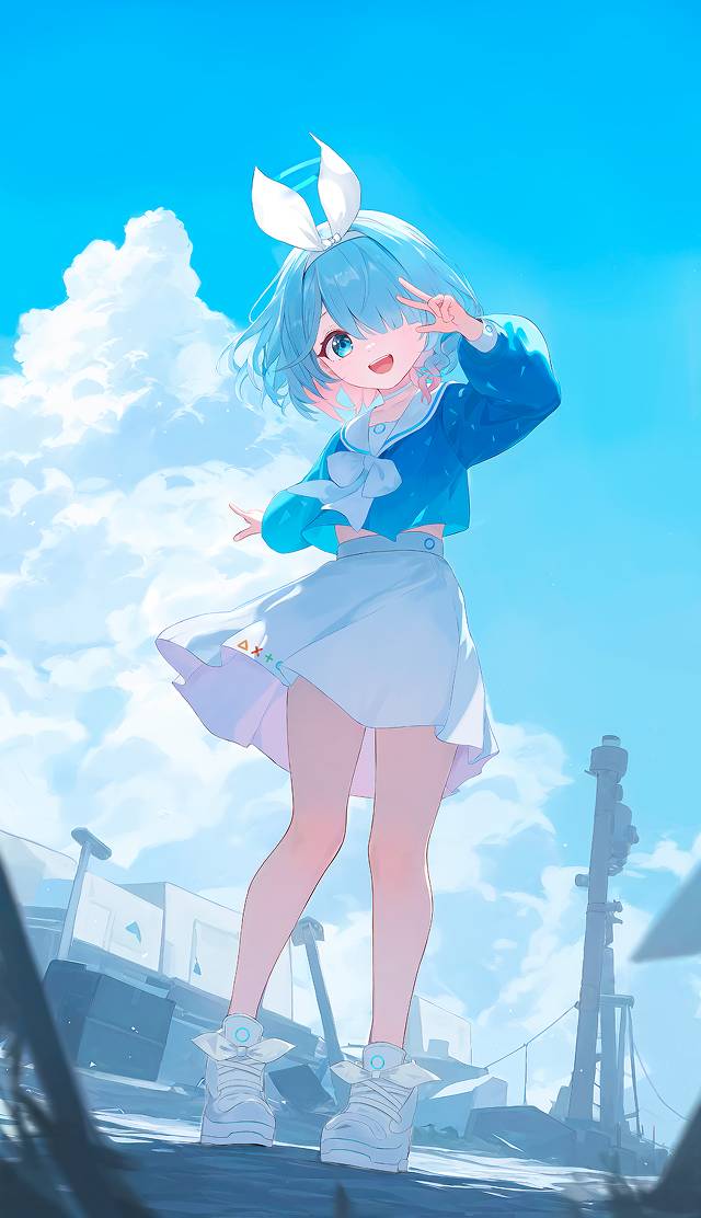 碧蓝档案, Alona (Blue Archive), 女孩子, Arrona, belly glimpse, inner color, peace sign, 积雨云, 请不要给二次创作作品加上原创标签