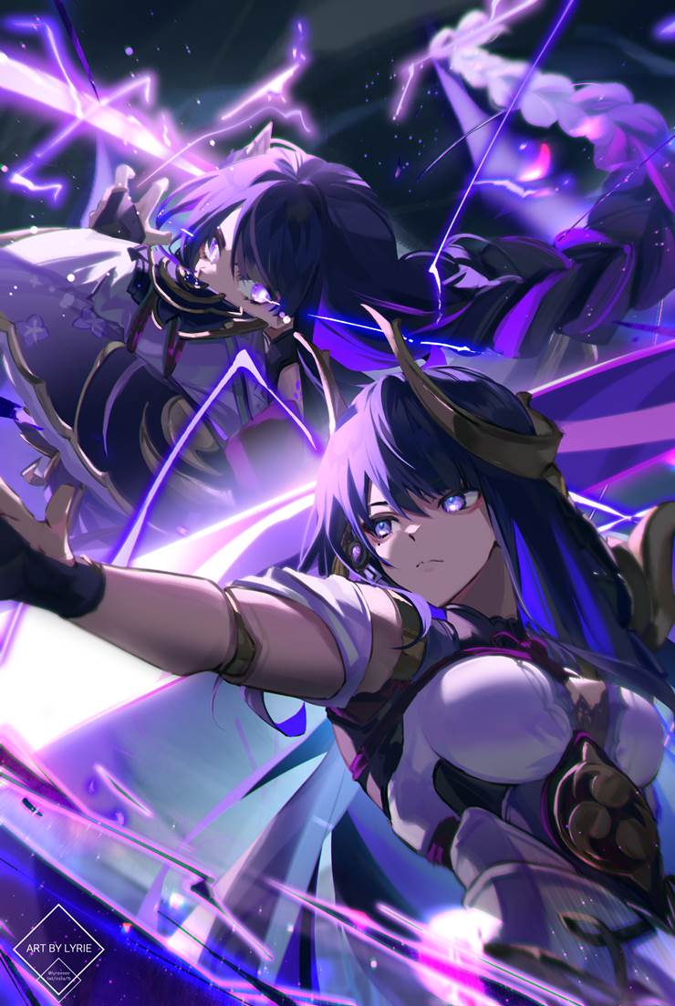 Genshin Impact, Raiden Shogun, shadow, 电, 战斗, 战斗场景, 原神100收藏