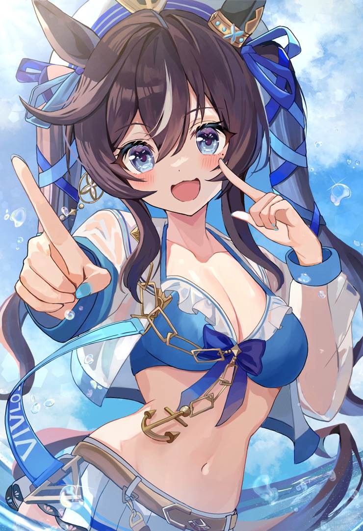 horse girl, Uma Musume Pretty Derby, swimsuit, navel, nail polish