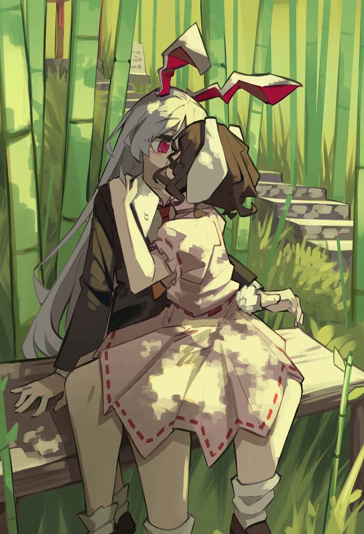 Touhou, Touhou Project, tewi inaba, reisen udongein inaba, yuri, kiss, bunny girl
