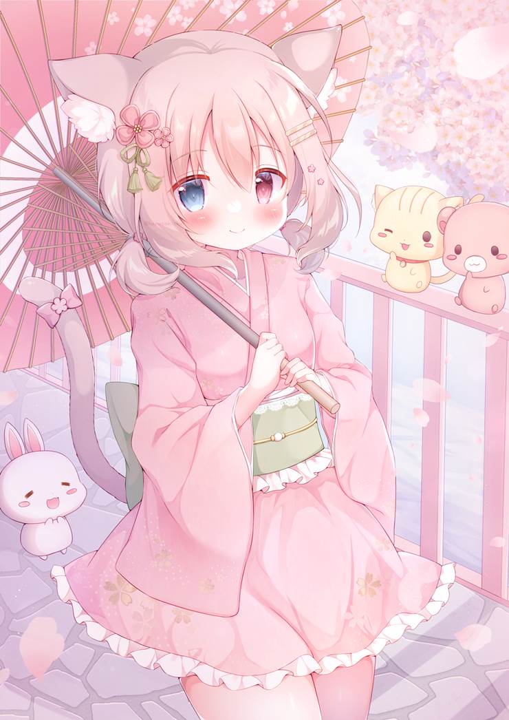 女孩子, 萝莉, 兽耳, 异色瞳, Japanese umbrella, kimono, moe, 吉祥物, 尾巴, spring