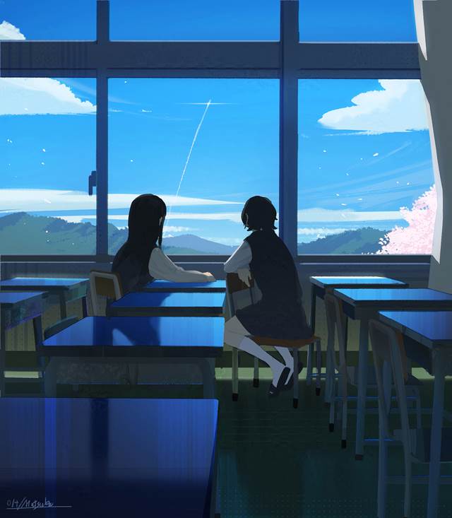 一张教室,小樱,风景,樱花,小女孩,蓝天,背心裙绘画图片