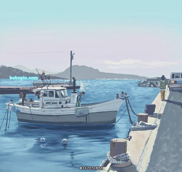 一张风景,小女孩,港,海绘画图片