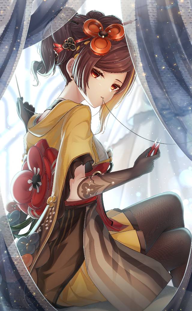 一张原神,跷二郎腿,千织,和服,Chiori,背影绘画图片