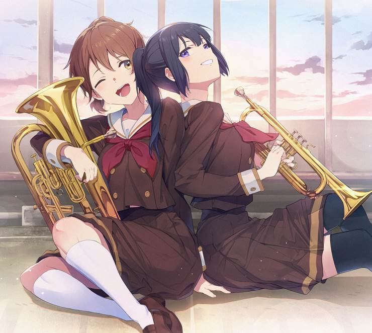 Sound! Euphonium, Kumiko Oumae, Reina Kousaka, KumiRei, euphonium, trumpet, white knee socks