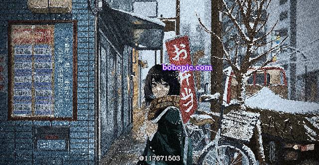 一张风景,小女孩,雪,围巾绘画图片