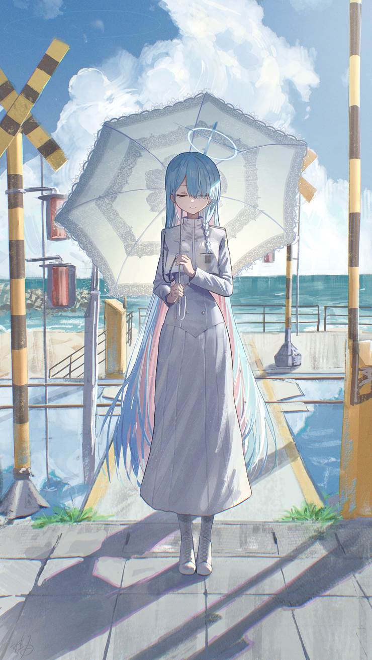 Blue Archive, General Student Council, parasol, closed eyes, Blue Archive 5000+ bookmarks, Elegant, white dress