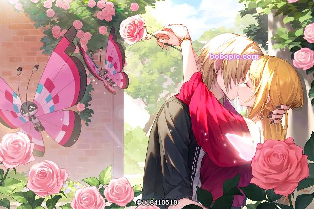 原创角色,吻,彩粉蝶,情侣,玫瑰图片